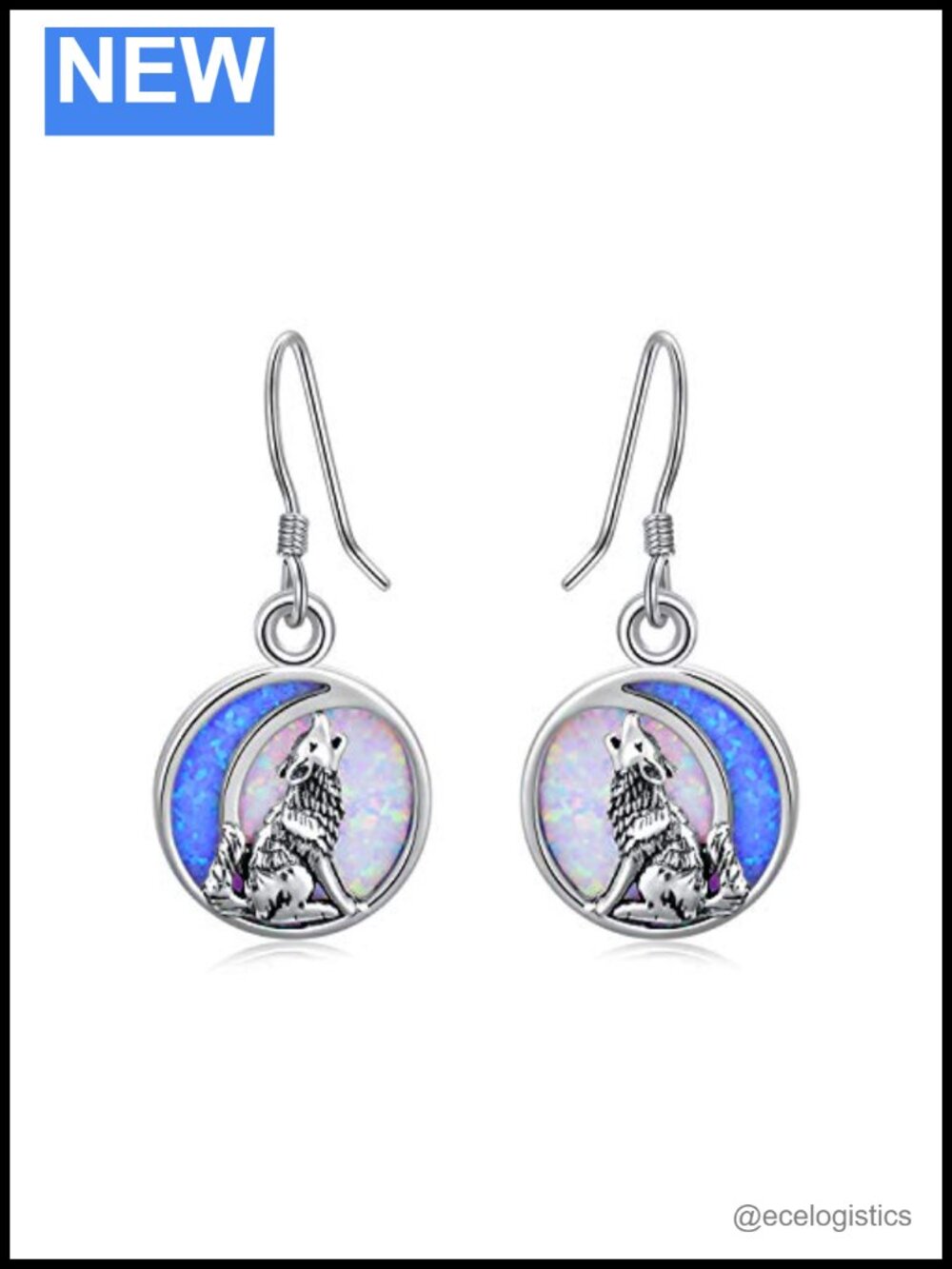 Sterling Silver Opal Wolf Dangle Earrings Animal Jewelry Gift for Women